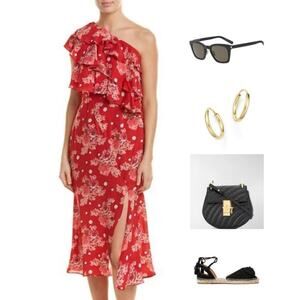 La Maison Talulah Florence Red Ruffled One Shoulder Midi Floral S
